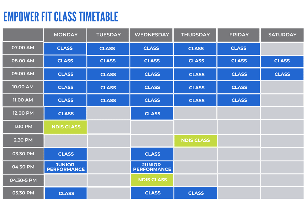 TimeTable Empower Fit Classes